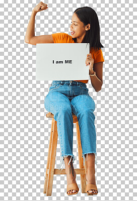 Buy stock photo Strong arm, poster and woman with self love for body positivity, confident on studio mockup. Billboard, banner or girl advertising motivation, pride mindset or isolated on transparent png background 