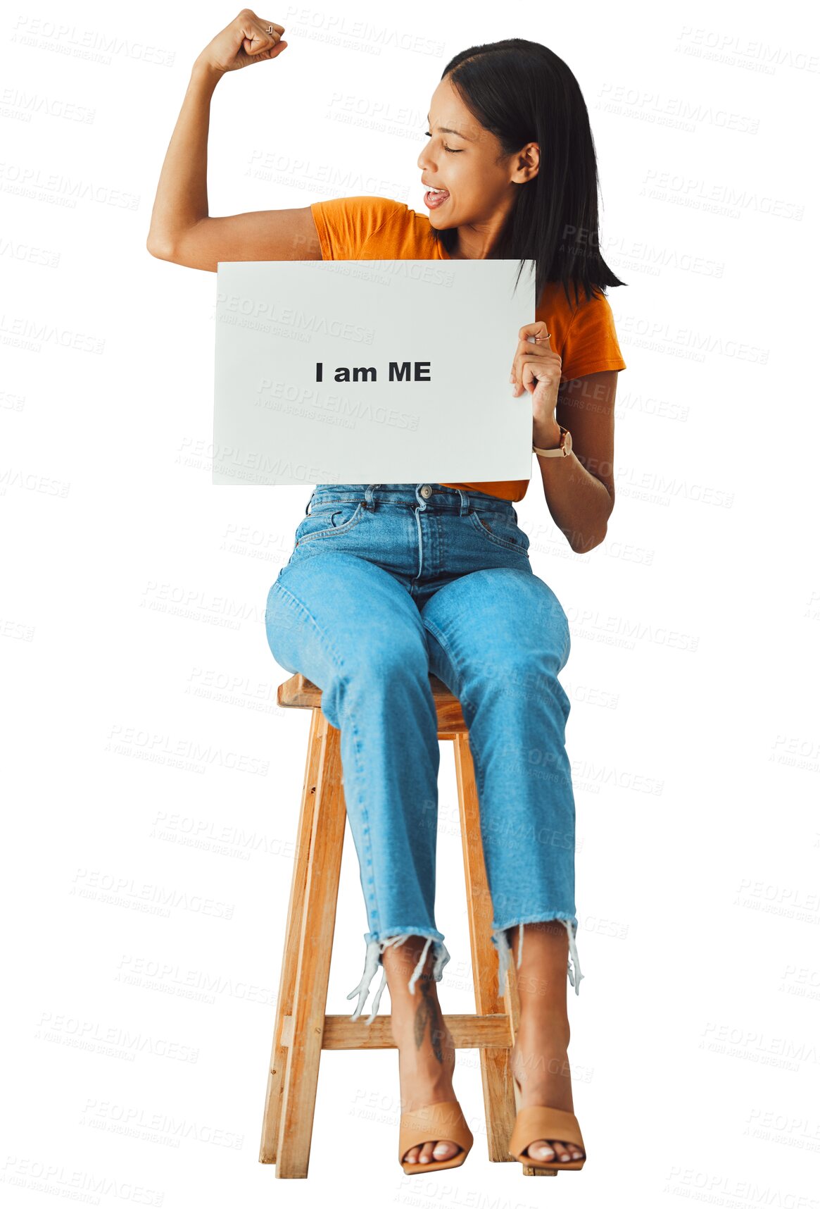 Buy stock photo Strong arm, poster and woman with self love for body positivity, confident on studio mockup. Billboard, banner or girl advertising motivation, pride mindset or isolated on transparent png background 