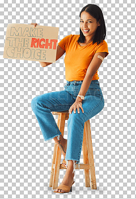 Black woman, portrait and cardboard poster in studio for vaccine, stop covid or opinion in healthcare. Happy gen z girl, billboard or wellness decision with plaster, sign and happy for safety in home