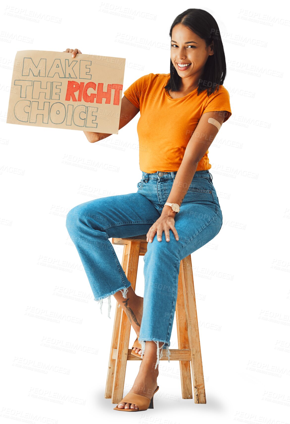 Buy stock photo Isolated woman, protest poster and vaccine in portrait with plaster, smile or choice by transparent png background. Girl, cardboard sign or happy for medical decision to stop virus, voice and health