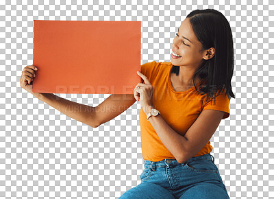 Woman, poster and mockup banner space for sale, discount or promotion. Happy model with advertising for product placement, logo or branding on billboard orange paper sign in studio background