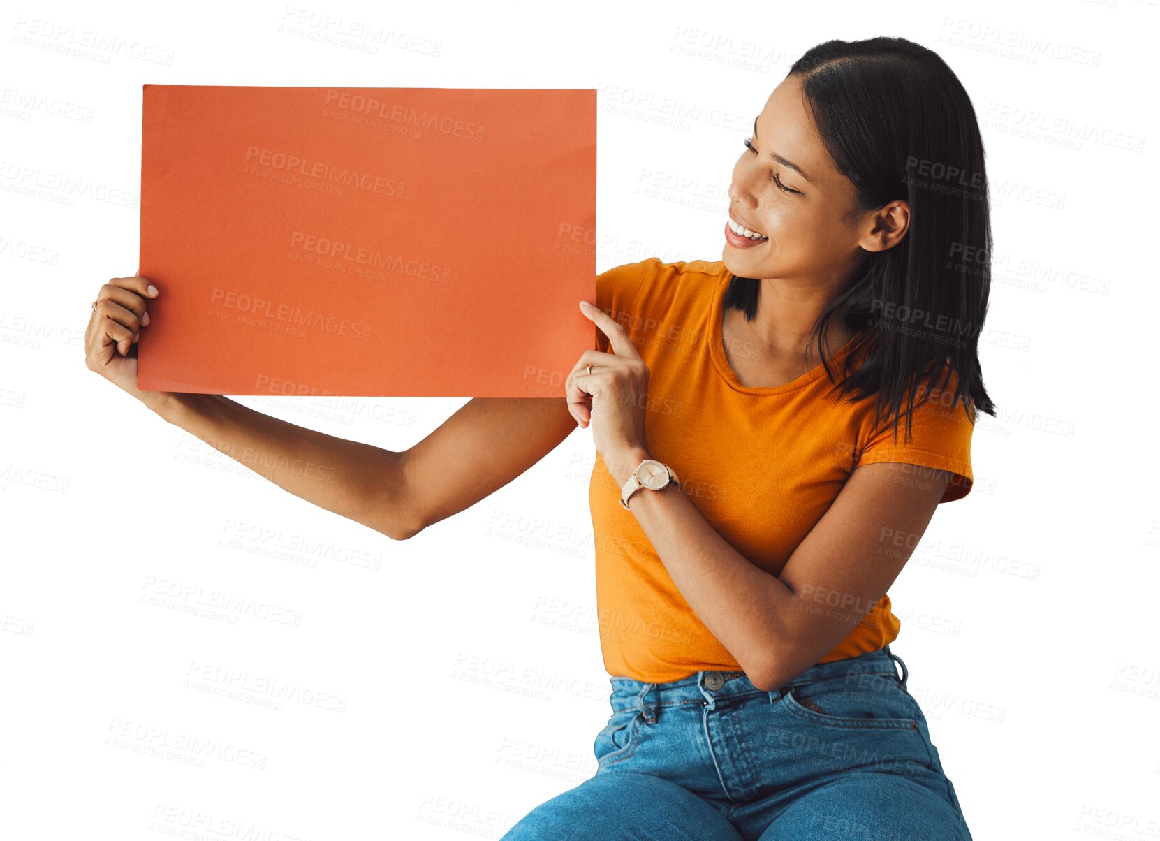 Buy stock photo Happy woman, presentation and poster space for marketing, information and news or announcement on a chair. Young person reading on paper mockup for opportunity isolated on transparent, png background