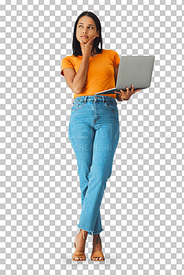Laptop, thinking and woman in studio with emoji, gesture and contemplating against grey background. Idea, girl and contemplation while online for advertising, mockup and space while posing isolated