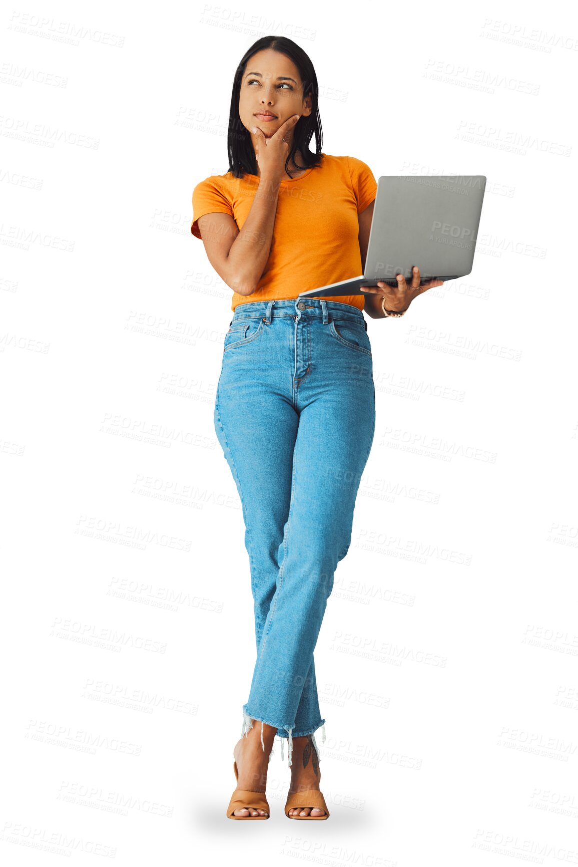 Buy stock photo Woman thinking, planning and laptop in online research, creative ideas and education or e learning choice. Student on computer, decision or college registration isolated on transparent png background