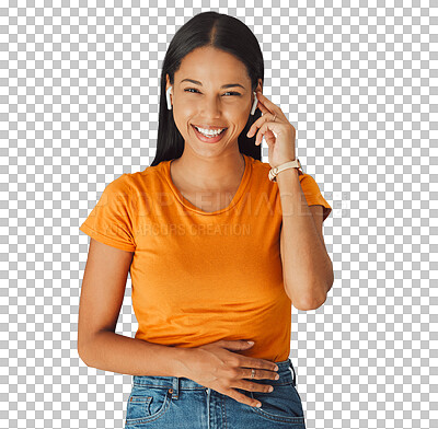 Buy stock photo Woman, happy portrait and listening to music, podcast and audio sound in studio mockup. Model, smile face or headphones for radio to relax, online streaming or isolated on transparent png background