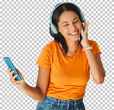 Music, headphones and woman streaming a song on phone or mobile app isolated against a studio background. Fun, sound and female enjoying and listening to podcast, radio or audio smiling and happy
