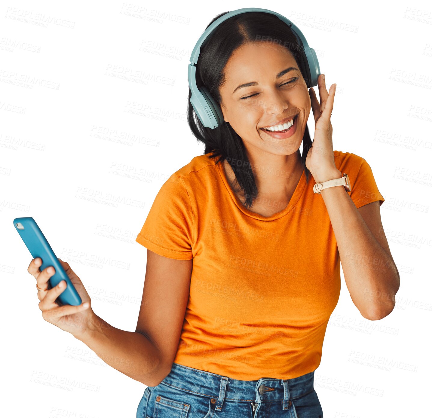 Buy stock photo Woman, headphones and streaming music, phone or mobile app isolated on transparent png background. Fun, sound and female enjoying and listening to radio, podcast and song or audio smiling and happy