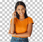 Woman, portrait and listening to music online while happy on a studio background. Smile on face of a young gen z person with earphones for podcast, radio or audio sound to relax while streaming