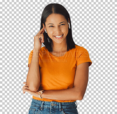 Buy stock photo Woman, smile portrait and listening to music, podcast and audio sound with subscription. Model, happy face or headphones for radio to relax, online streaming or isolated on transparent png background