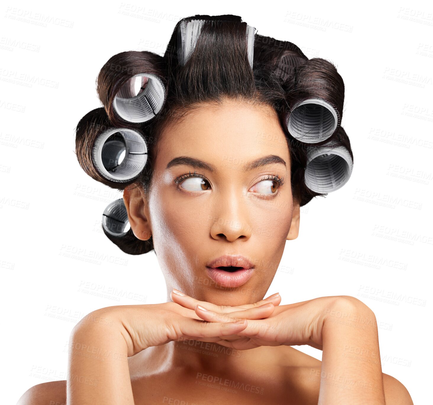 Buy stock photo Hair roller, salon and funny face of woman on isolated, png and transparent background for beauty. Haircare, hairdresser and comic person with curler for hairstyle, healthy texture and cosmetics