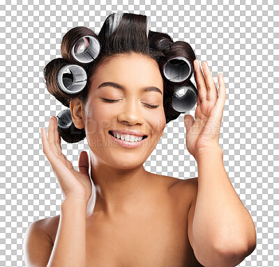 Buy stock photo Hair roller, salon and face of woman on isolated, png and transparent background for beauty. Haircare, hairdresser and happy person smile with curler for hairstyle, healthy texture and cosmetics