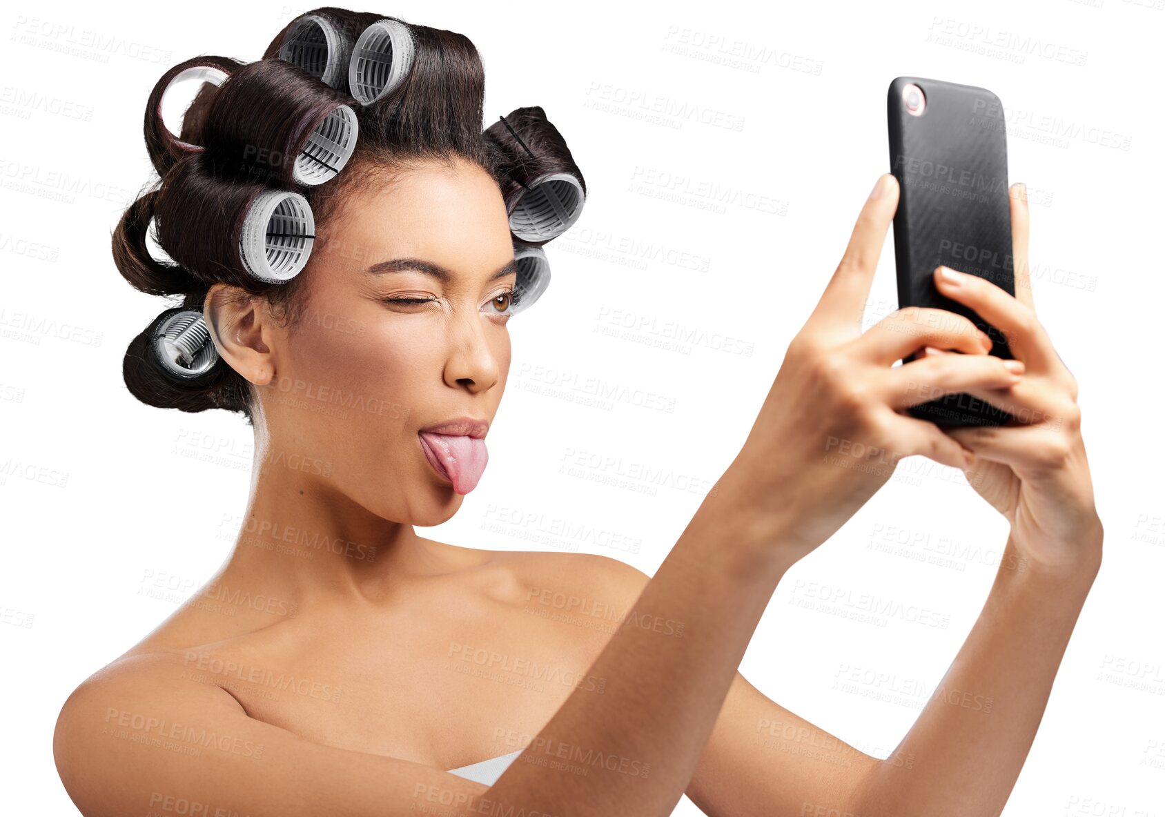 Buy stock photo Hair roller, selfie and woman with tongue out on isolated, png and transparent background for salon. Haircare, social media and person take silly picture with hairstyle curlers, beauty and cosmetics