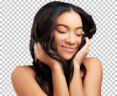 Buy stock photo Beauty, smile and woman with hair results on isolated, transparent and png background. Happy, haircare or female model with shampoo, conditioner or treatment satisfaction, soft or texture and growth