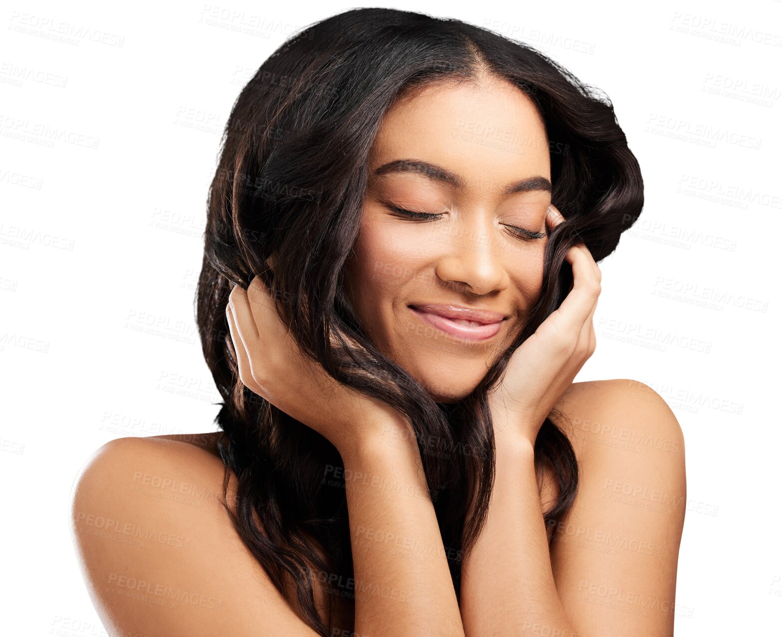 Buy stock photo Beauty, smile and woman with hair results on isolated, transparent and png background. Happy, haircare or female model with shampoo, conditioner or treatment satisfaction, soft or texture and growth