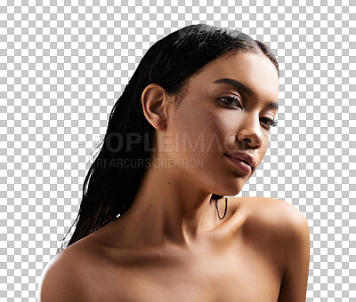 Buy stock photo Portrait, skincare and woman with cosmetics, healthy and grooming routine on a transparent background. Face, person and model with smooth, soft and shine with glow, beauty and png with confidence