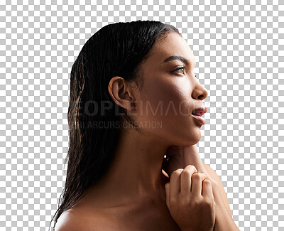 Buy stock photo Thinking, beauty and woman with cosmetics, skincare and dermatology isolated on a transparent background. Face, person and model with healthy skin, smooth and grooming routine with png and treatment