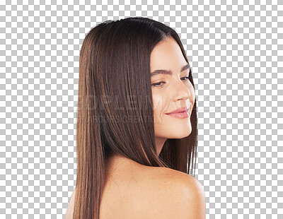 Buy stock photo Happy woman, beauty and straight hair, health and shine isolated on a transparent png background. 
Natural person, hairstyle and cosmetics in salon treatment, hairdresser and thinking about wellness