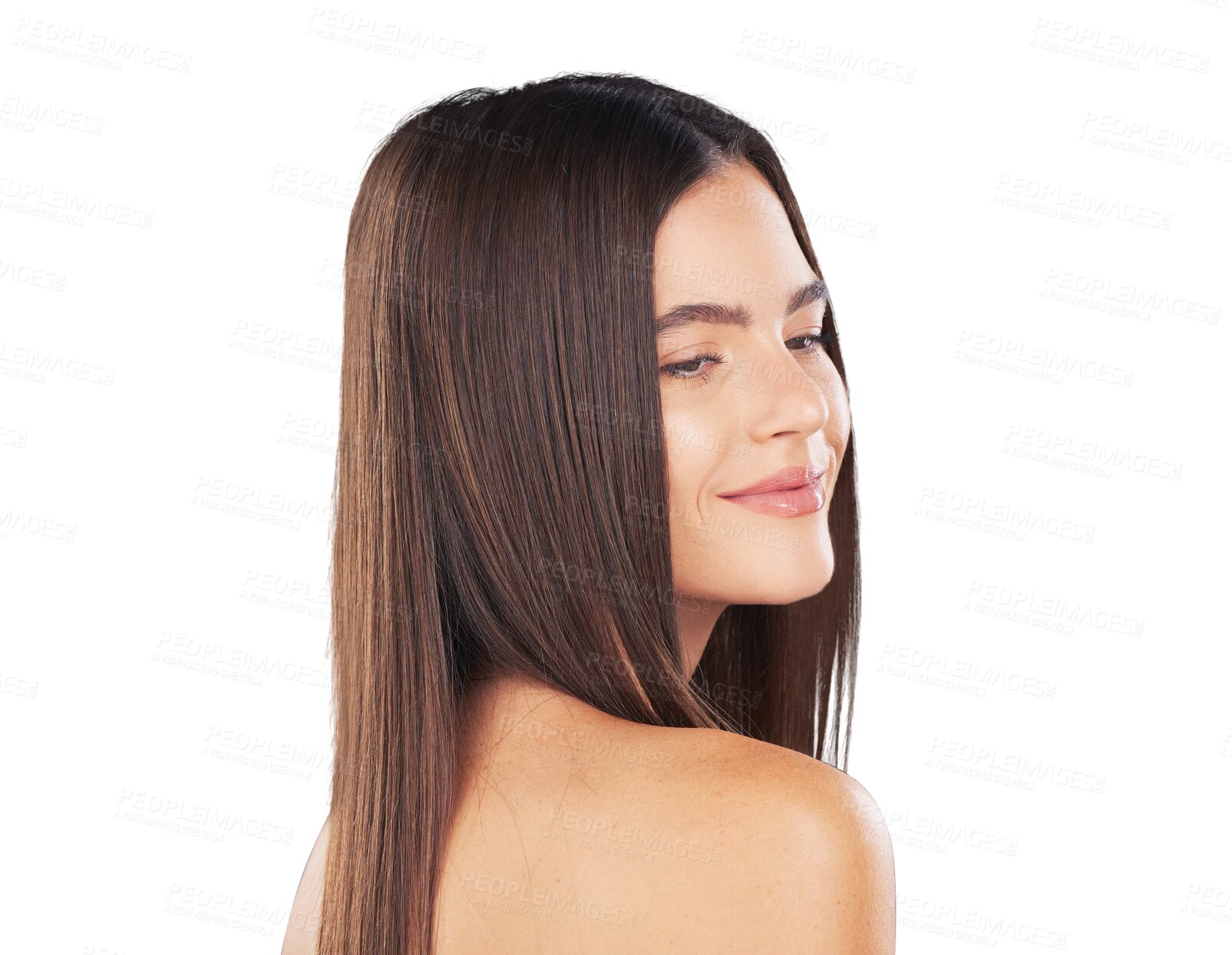 Buy stock photo Happy woman, beauty and straight hair, health and shine isolated on a transparent png background. 
Natural person, hairstyle and cosmetics in salon treatment, hairdresser and thinking about wellness