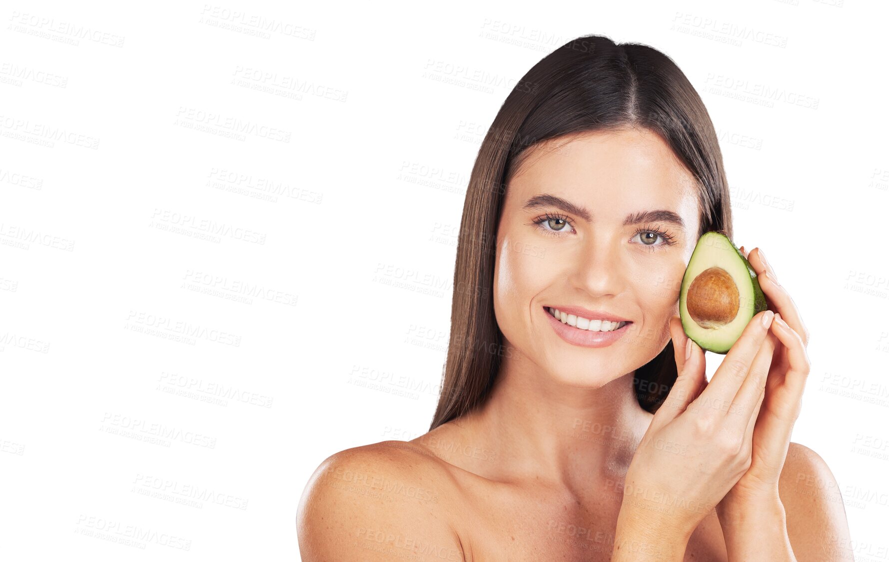 Buy stock photo Portrait, avocado and woman with a smile, skincare and nutrition isolated on transparent background. Face detox, person and model with a cosmetics, dermatology and healthy food with png, diet or glow