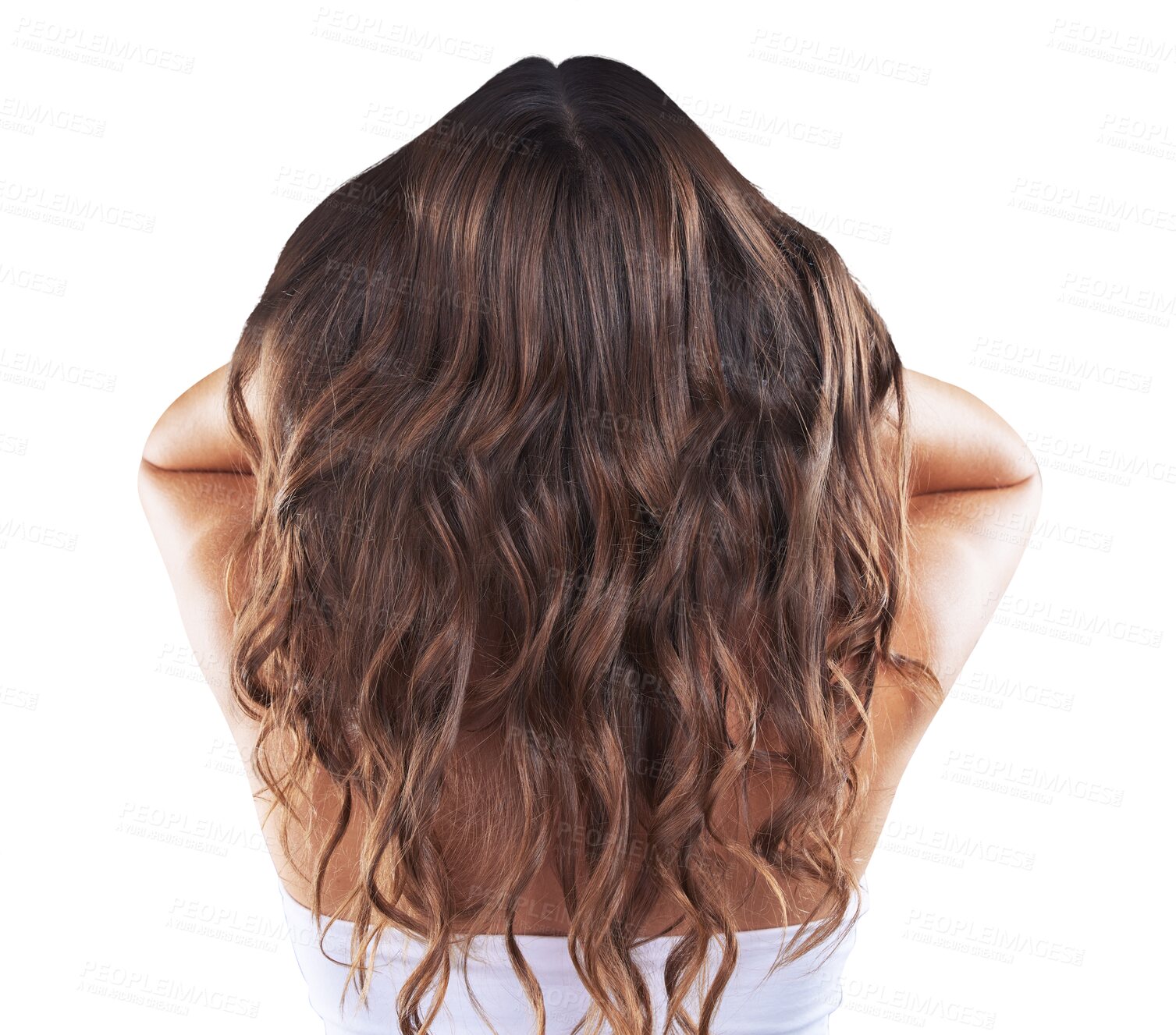 Buy stock photo Beauty, hair care and back of woman for salon on isolated, png and transparent background for growth. Haircare, hairdresser and person with curl hairstyle for healthy texture, shine and cosmetics