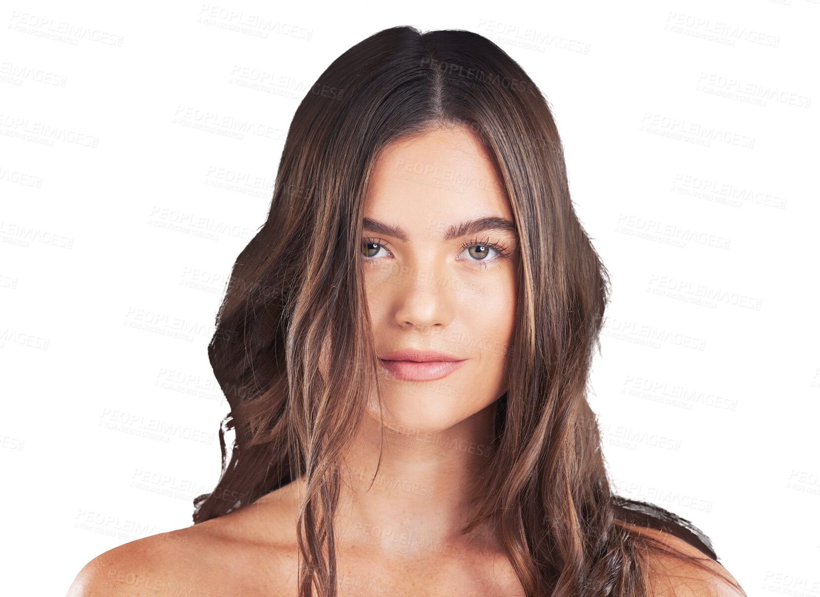 Buy stock photo Beauty, hair and portrait of woman for salon on isolated, png and transparent background for growth. Haircare, hairdresser and person with curl hairstyle for healthy texture, shine and cosmetics