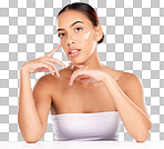 Skincare, beauty and portrait of woman with cream in studio for