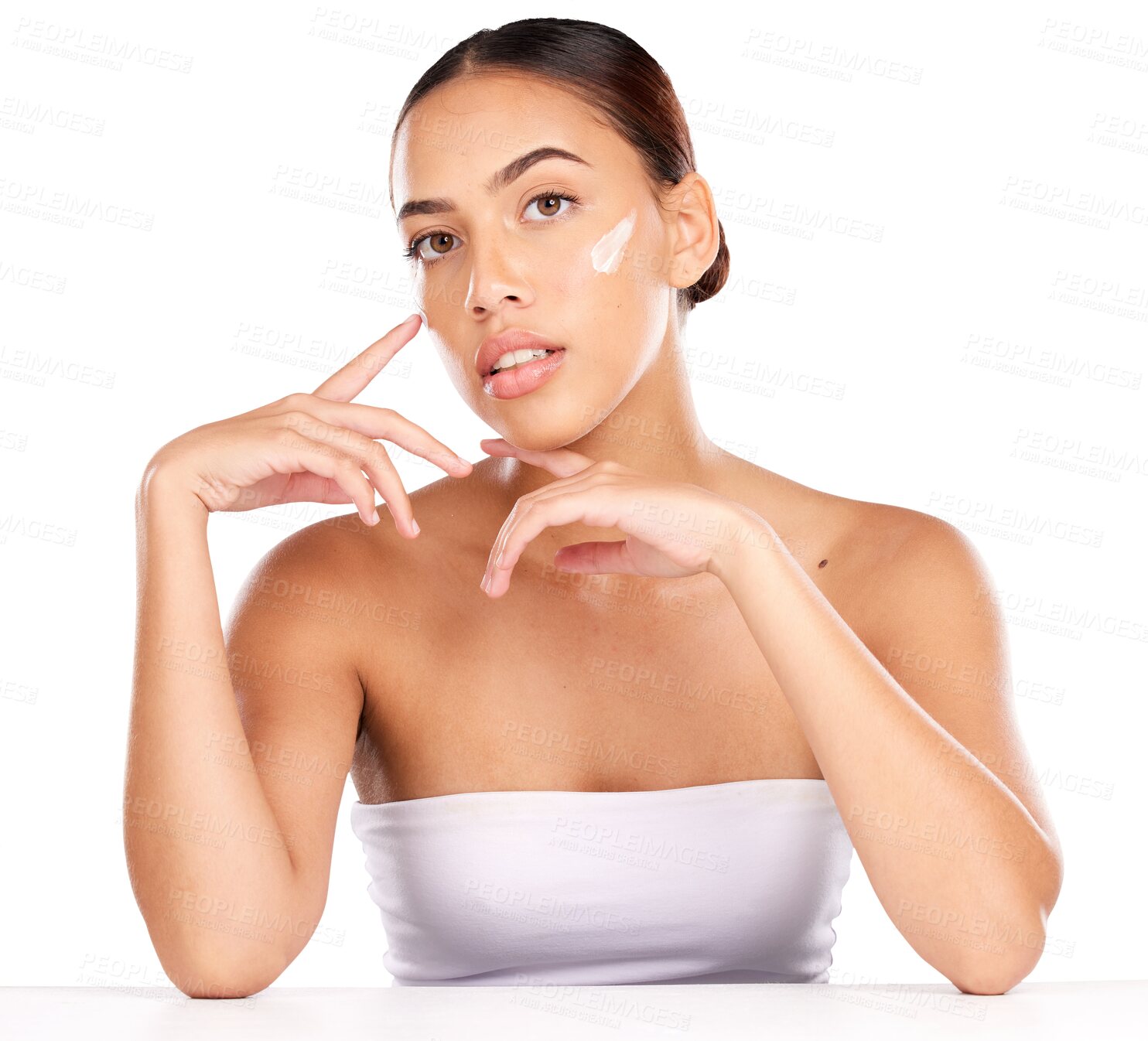 Buy stock photo Skincare, beauty and portrait of woman with cream for wellness isolated on a transparent PNG background. dermatology and luxury spa. Face of female person in facial, anti aging cosmetics or lotion