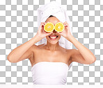 Beauty, natural skincare and woman with orange fruit eyes for vi