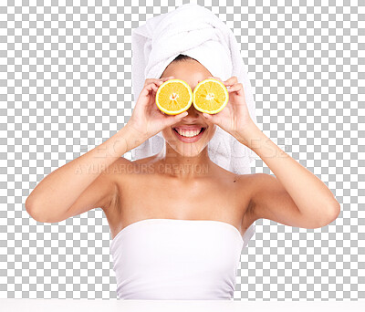 Buy stock photo Skincare, orange and young woman with natural, health and wellness facial routine for beauty. Cosmetic, vitamin c and happy female model with citrus fruit isolated by transparent png background.