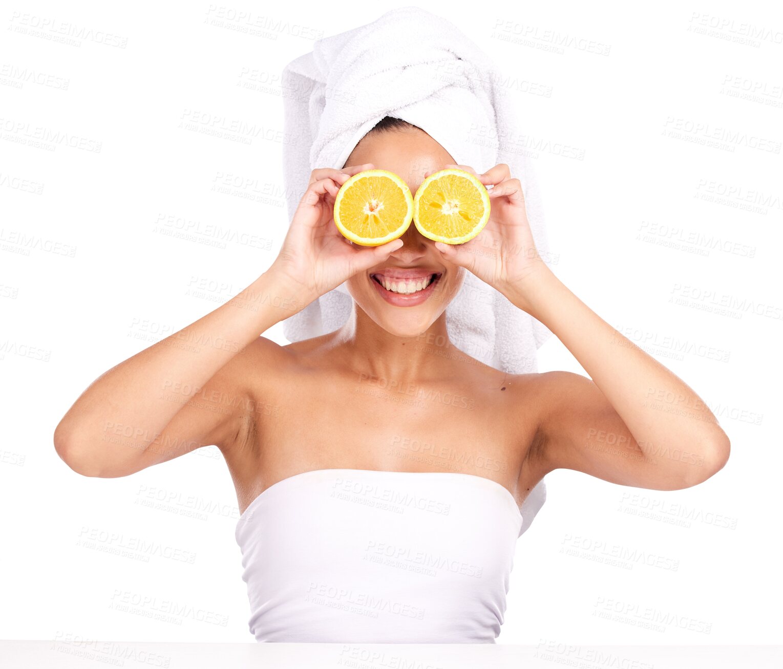 Buy stock photo Skincare, orange and young woman with natural, health and wellness facial routine for beauty. Cosmetic, vitamin c and happy female model with citrus fruit isolated by transparent png background.