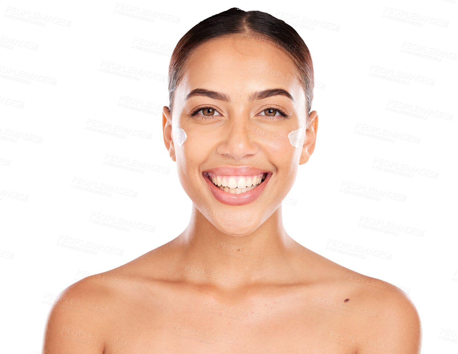 Buy stock photo Beauty portrait, happy woman and cosmetics cream, sunscreen or lotion for acne treatment, routine or facial moisturizing. Cosmetology face, spa hydration creme and girl on transparent, png background