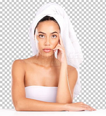 Woman, face or skincare cream and hair care towel on studio back