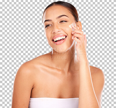 Buy stock photo Beauty face, happiness and woman with cream application for collagen shine, anti aging or facial acne treatment. Lotion, skincare and model apply hydration moisturizer on transparent, png background
