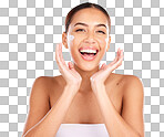 Woman, beauty and moisturizer with smile for skincare cosmetic t
