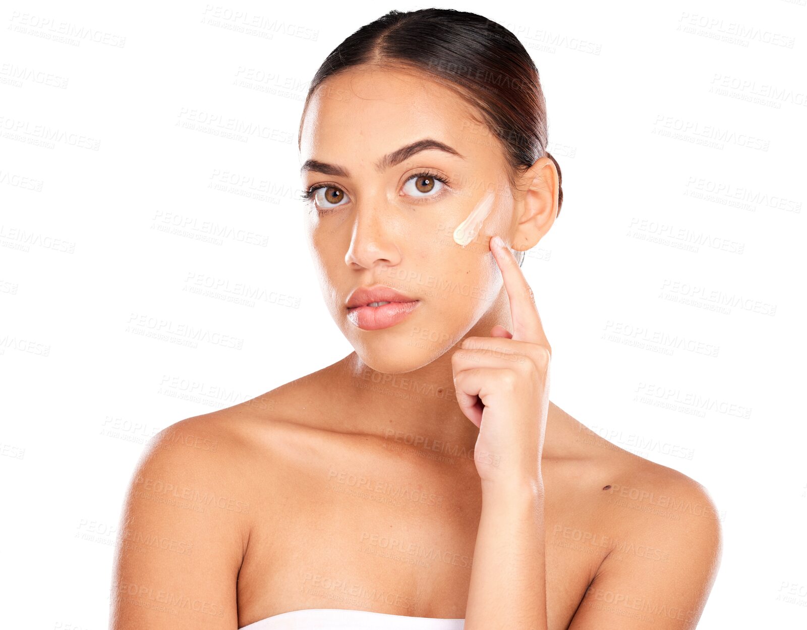 Buy stock photo Beauty woman, portrait and apply cream for collagen glow, anti aging or facial acne treatment, wellness or self care. Face, spa skincare or model hydration moisturizer on transparent, png background
