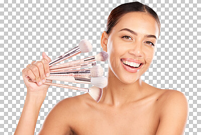 Buy stock photo Beauty portrait, makeup woman and brush for facial application, cosmetics and foundation product. Face grooming, happiness and aesthetic model with cosmetology tools on transparent, png background