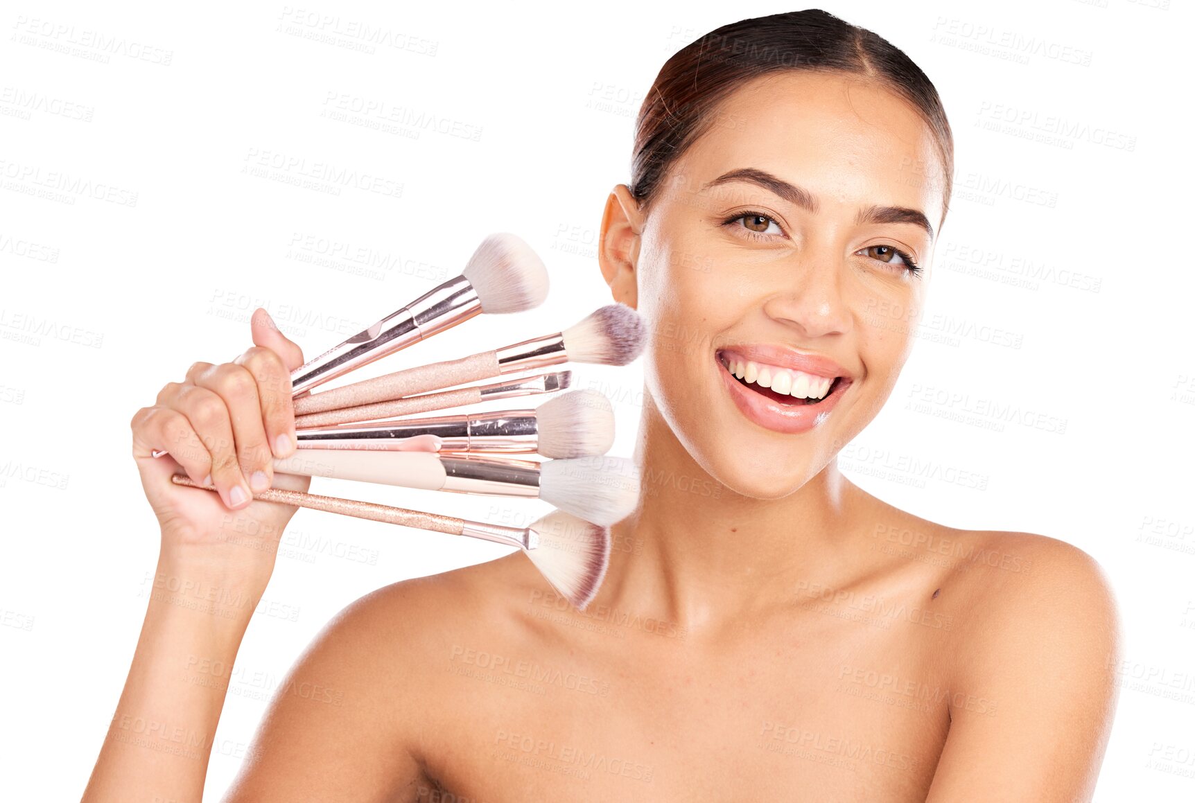 Buy stock photo Beauty portrait, makeup woman and brush for facial application, cosmetics and foundation product. Face grooming, happiness and aesthetic model with cosmetology tools on transparent, png background