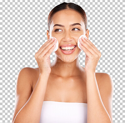 Buy stock photo Face, beauty and happy woman with cotton pad for spa salon wellness, cosmetics routine or makeup removal. Skincare product, self care happiness and facial cleaning girl on transparent, png background