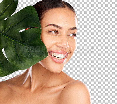 Buy stock photo Beauty smile, face and woman with leaf for natural self care, facial cosmetics or organic sustainable product. Monstera, plant or clean girl with eco friendly skincare on transparent, png background
