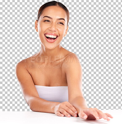 Buy stock photo Happy woman, laughing face or skincare glow with manicure hands isolated on a transparent PNG background. Female person or Brazilian beauty model smile in relax, healthy wellness or makeup cosmetics