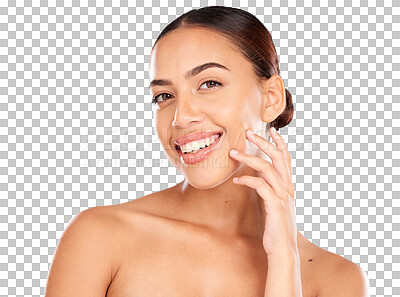 Buy stock photo Woman, beauty and portrait of cosmetics, healthy skincare or shine isolated on a transparent PNG background. Happy young model touching face after facial treatment, chemical peels and transformation