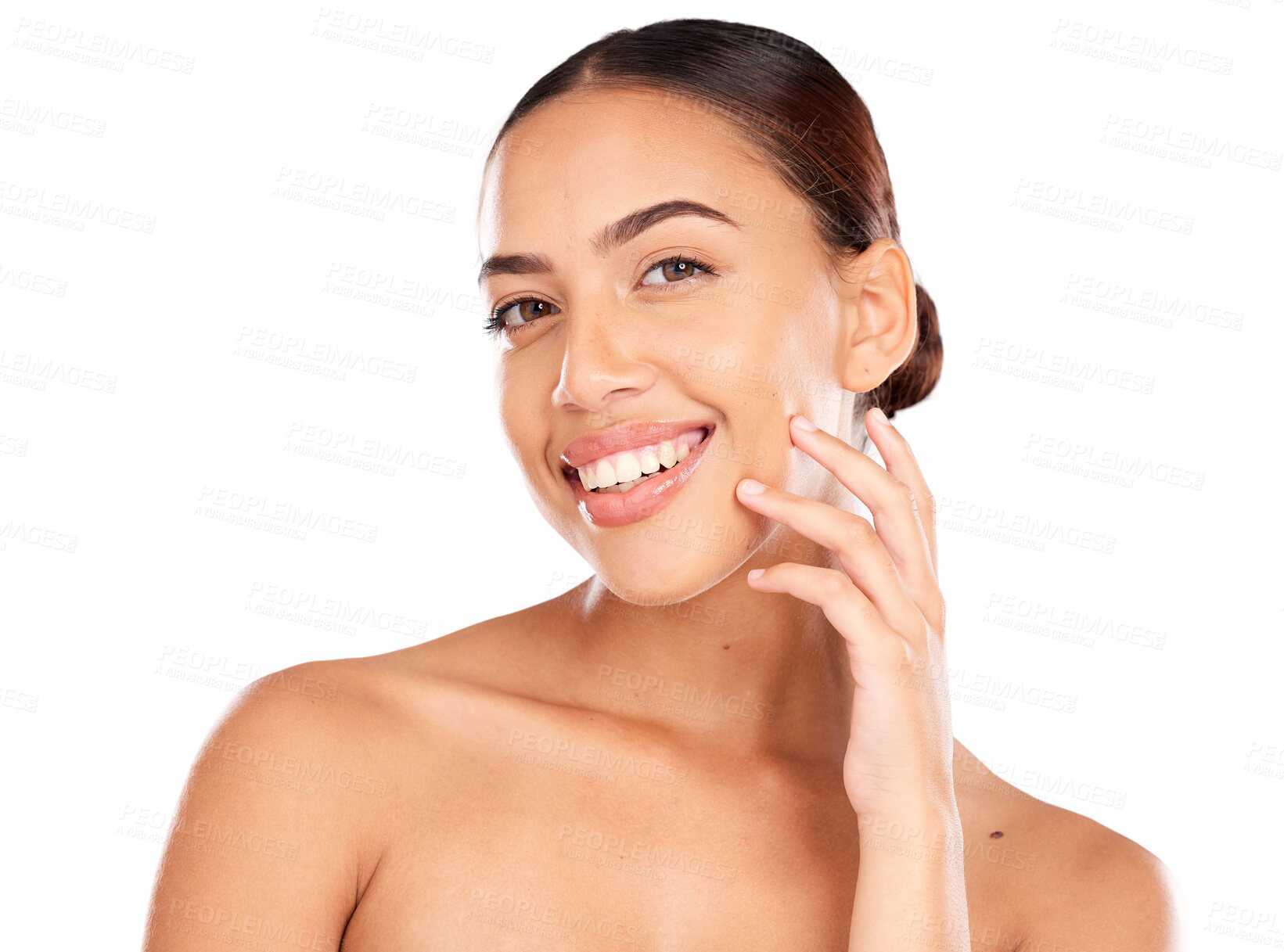 Buy stock photo Woman, beauty and portrait of cosmetics, healthy skincare or shine isolated on a transparent PNG background. Happy young model touching face after facial treatment, chemical peels and transformation