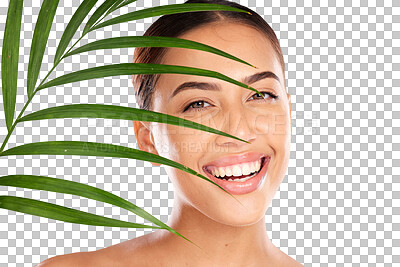 Buy stock photo Leaf, skincare and portrait of  woman with natural, beauty or organic cosmetics on isolated, transparent or png background. Plant, face and model with eco, dermatology or glowing treatment results