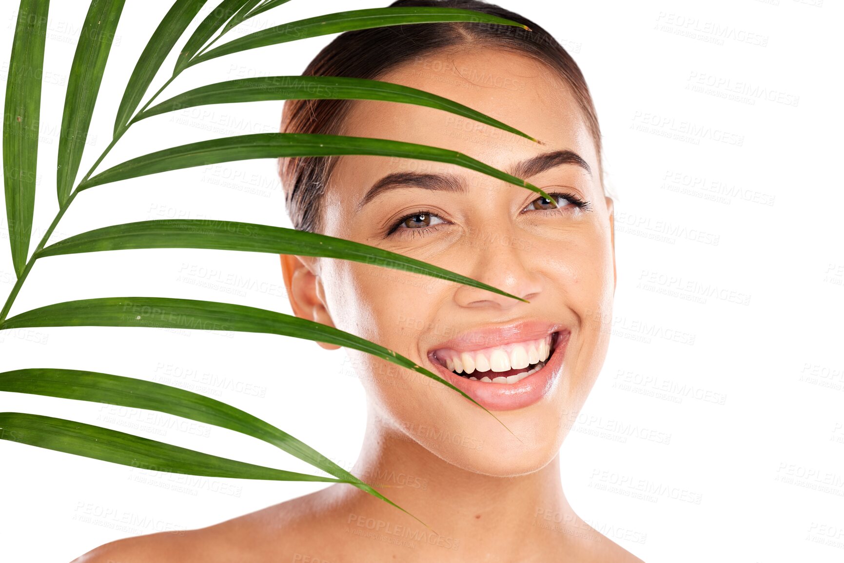 Buy stock photo Leaf, skincare and portrait of  woman with natural, beauty or organic cosmetics on isolated, transparent or png background. Plant, face and model with eco, dermatology or glowing treatment results