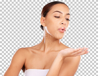 Buy stock photo Dermatology, skincare and young woman blowing, wellness and natural beauty isolated on a transparent background. Makeup, healthy female and girl with cosmetics, organic facial for clear hand and png