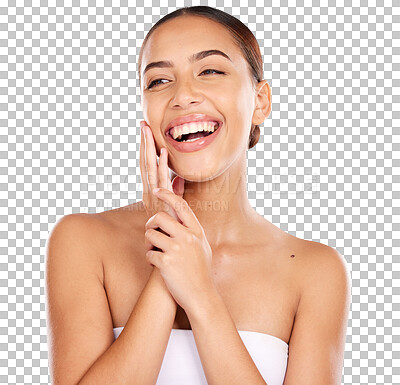 Buy stock photo Skincare, happy and woman with dermatology, cosmetics and grooming routine isolated on a transparent background. Face, person and model with treatment, shine and glowing with beauty, clean and png