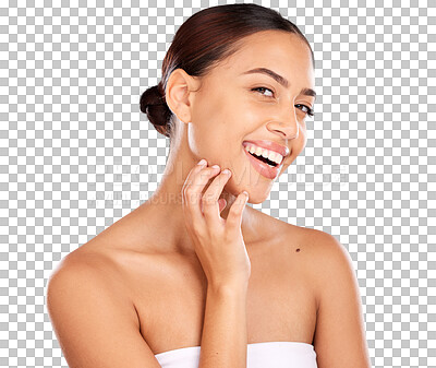 Buy stock photo Skincare, beauty and portrait of latin woman isolated on a transparent PNG background for wellness, spa or body care. Dermatology, health and face of happy girl for facial treatment and cosmetics