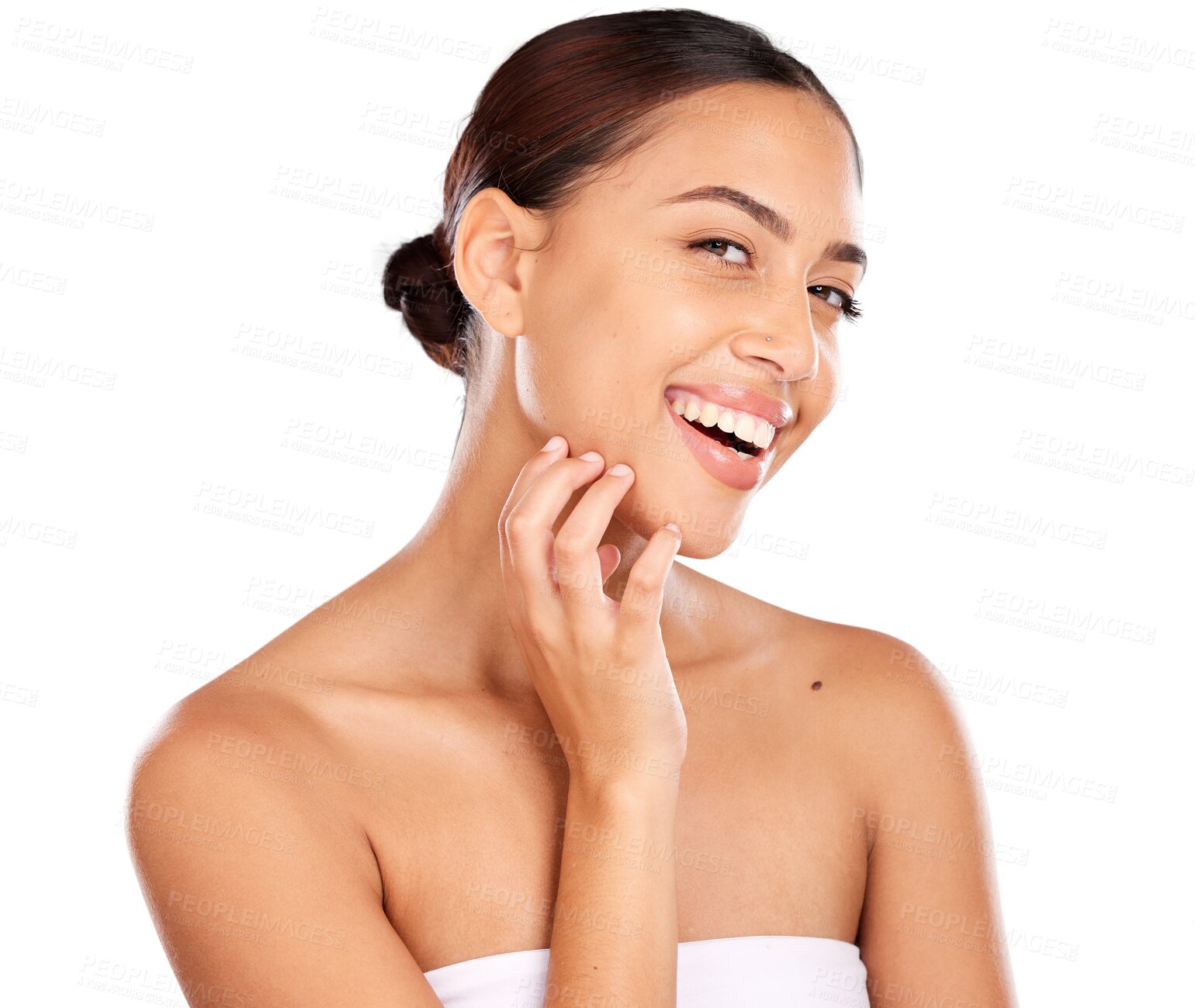 Buy stock photo Skincare, beauty and portrait of latin woman isolated on a transparent PNG background for wellness, spa or body care. Dermatology, health and face of happy girl for facial treatment and cosmetics