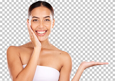 Buy stock photo Beauty skincare and portrait of woman with palm for facial, advertising or wellness isolated on a transparent PNG background. Smile, happy and health with face of model or hands out in cosmetics