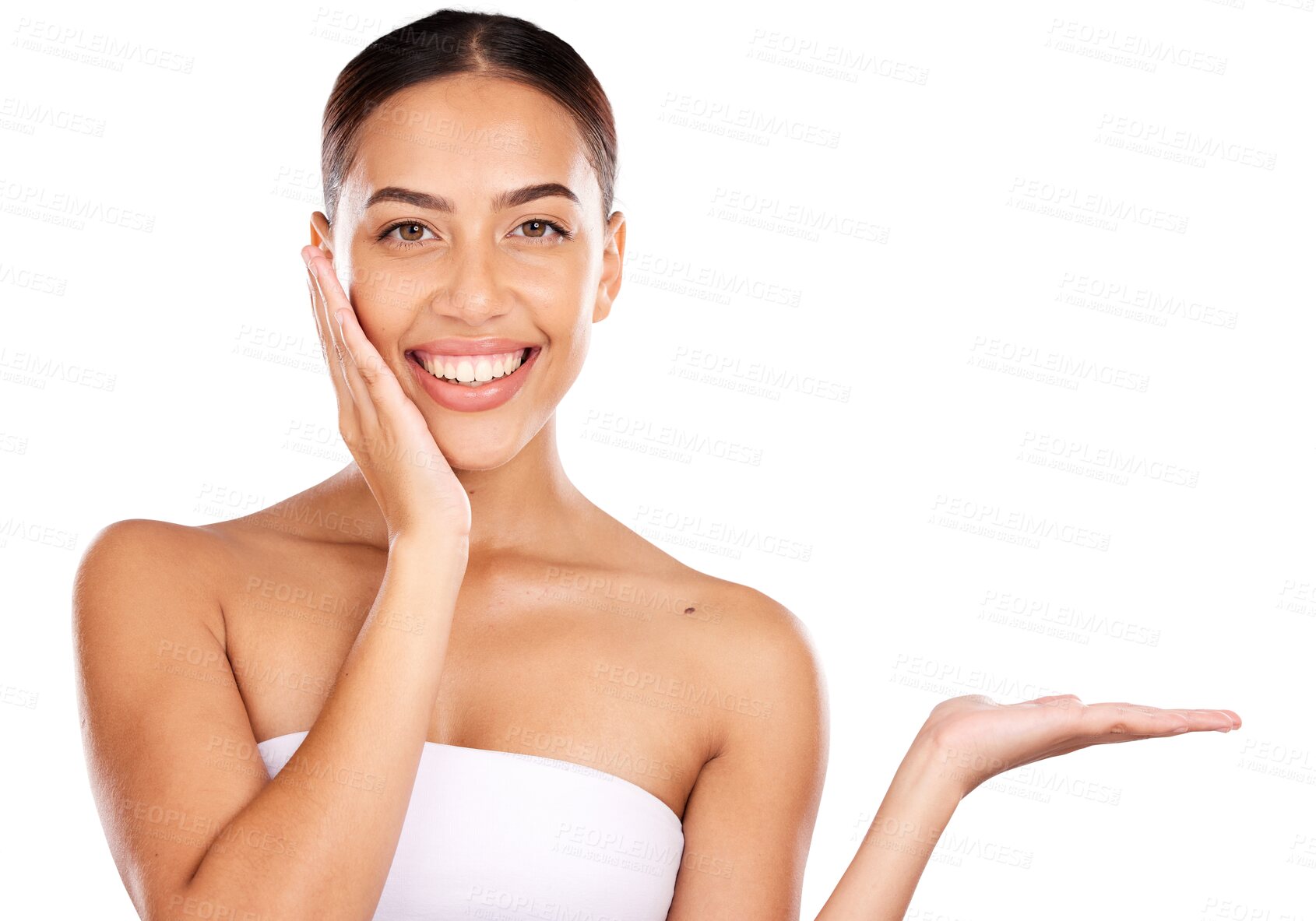 Buy stock photo Beauty skincare and portrait of woman with palm for facial, advertising or wellness isolated on a transparent PNG background. Smile, happy and health with face of model or hands out in cosmetics